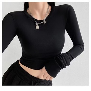 T-Shirt Casual a Maniche Lunghe in Cotone da Donna, Top Corto Aderente a Vita Alta, Primavera Autunno, Stile Europeo Americano, Tinta Unita - Product Image 2