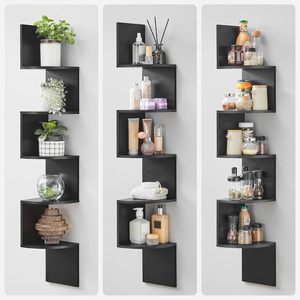Étagère d'angle murale flottante en bois noir et blanc, étagère d'angle à 5 niveaux, étagères murales en zigzag - Product Image 3