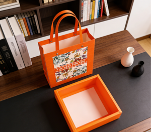 Orange Floral Eco-Friendly High-End Gift Box Set Gold Foil Sponge Lining <b>Matching</b> Handbag Made Thick White Cardboard Vibrant - Product Image 4