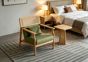 Chaise de salon scandinave en bois avec assise rembourrée verte et dossier en rotin, mobilier moderne pour la maison - Product Image 5