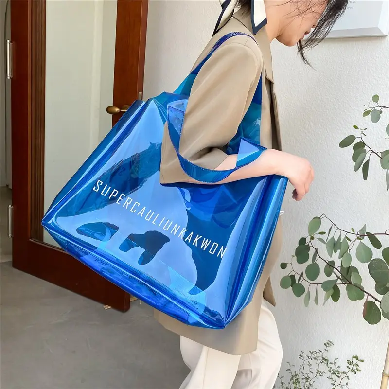 女性のためのロゴの高級ゼリーショッピングバッグハンドバッグ付きカスタムデザインビーチPVCトートバッグ