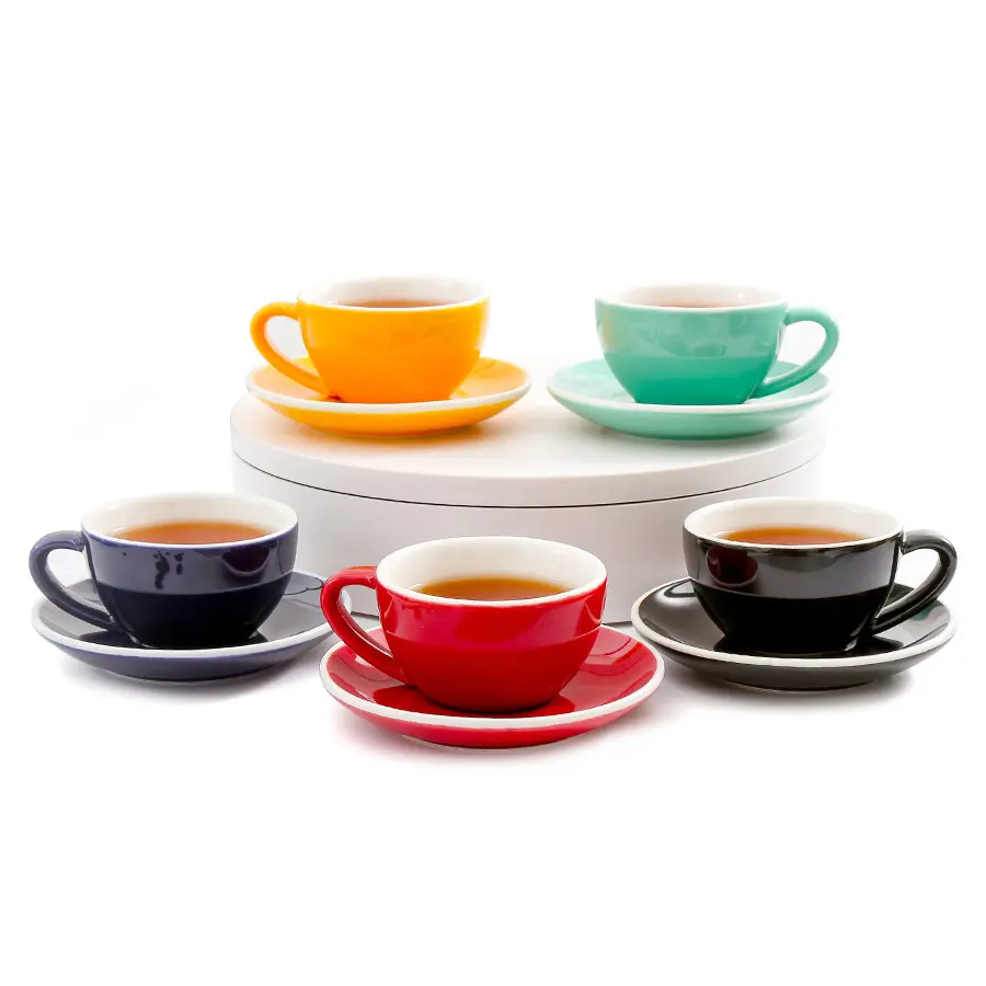 3/5/8/10Oz Chất Lượng Cao Nhà Máy Matte Đầy Màu Sắc Hoặc Glossy Cappuccino Latte Cà Phê Espresso Cup Đĩa Đặt Với Món Ăn Và Muỗng