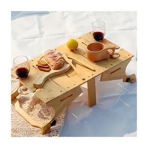 Wholesale Small Foldable Wood Picnic Table with Wine Glass Holder Mini Portable Folding Bamboo Wine Picnic Table For Outdoor