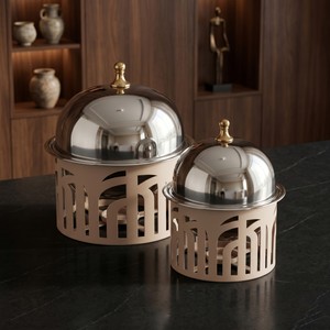 Plat de service rond de luxe en acier inoxydable avec couvercle en dôme, support à découpes décoratives, chauffe-plats pour buffet, restauration, hôtels et restaurants - Product Image 3