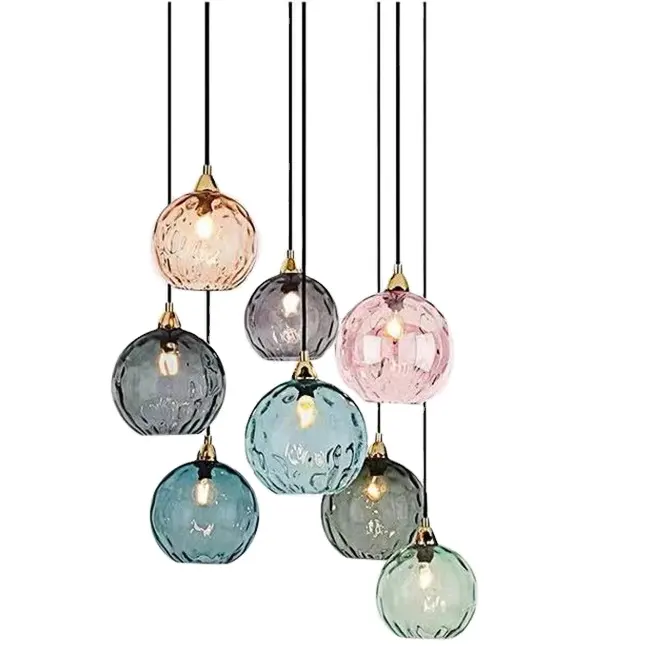 Nordic Modern Colored Water Pattern Glass Ball Chandelier Bedroom Bedside Lamp Minimalist Pendant Light