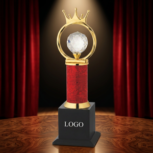 Trofeo de metal con corona y columna roja, modelo 745 A B C, placa de premio deportivo, cristal pulido duradero, impresión UV. - Product Image 1