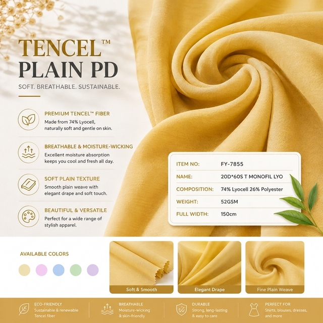 Wholesale Organic Woven Solid Color Yellow Smooth Lyocell Polyester 20d 60s Monofil Fabric for Shirts and Dress Boys