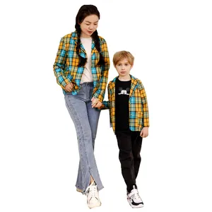 Fashion plaid kids clothing custom family matching outfit mother and boy check shirt set flannel shirt