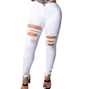 BH10 designer brands wholesale women high waist ripped denim pants trousers sexy stretch distressed legging colored skinny jean