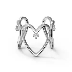 Dylam Simplicity Design S925 Silver Rhodium 18K Gold Plated Curve Geometric Heart Shape Hallow Out 5A Zirconia Open Rings