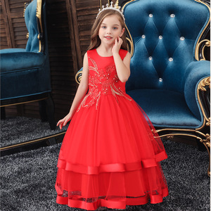 Robe de bal en tulle rouge pour filles, col rond, ornée de fleurs, robe de demoiselle d'honneur pour enfants - Product Image 1