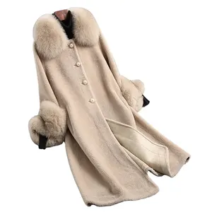 Женское меховое пальто из овчины, теплое зимнее пальто из натуральной шерсти с лисьим воротником, A19003
