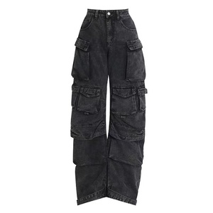 ZHEZHE 2023 nouveautés haute qualité femmes décontracté Denim Baggy jean creux droit Cargo pantalon solide à la mode pour dames - Product Image 1