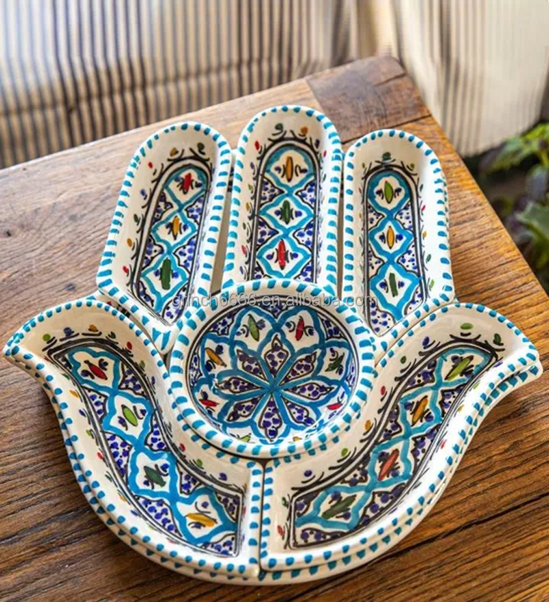 Hamsa Hand Dipping and Serving Set - Handmade 7-Piece Moroccan