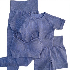 Women's Yoga Set 4 Piece <b>Striped</b> <b>Crop</b> <b>Top</b> Shorts High Waist Seamless Spandex Polyester Breathable Workout Sportswear - Product Image 3