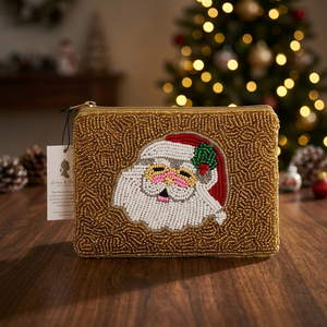 Bolsa de Monedas Cuadrada de Algodón con Cremallera, Bordado de Santa Claus con Cuentas Hechas a Mano, Decoración para Regalo de Fiesta Navideña - Product Image 1