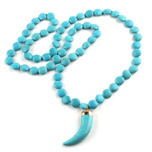 Collar de Moda para Mujer, Estilo Bohemio Tribal, con Piedra Turquesa Redonda Plana, Largo, con Nudo, Colgante de Cuerno de Buey - Product Image 3