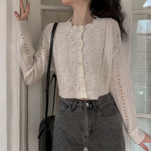 Suéter Cárdigan Versátil de Punto Calado con Cuello de Perlas y Pétalos Vintage para Mujer, Colección Otoño 2025 al por Mayor - Product Image 5