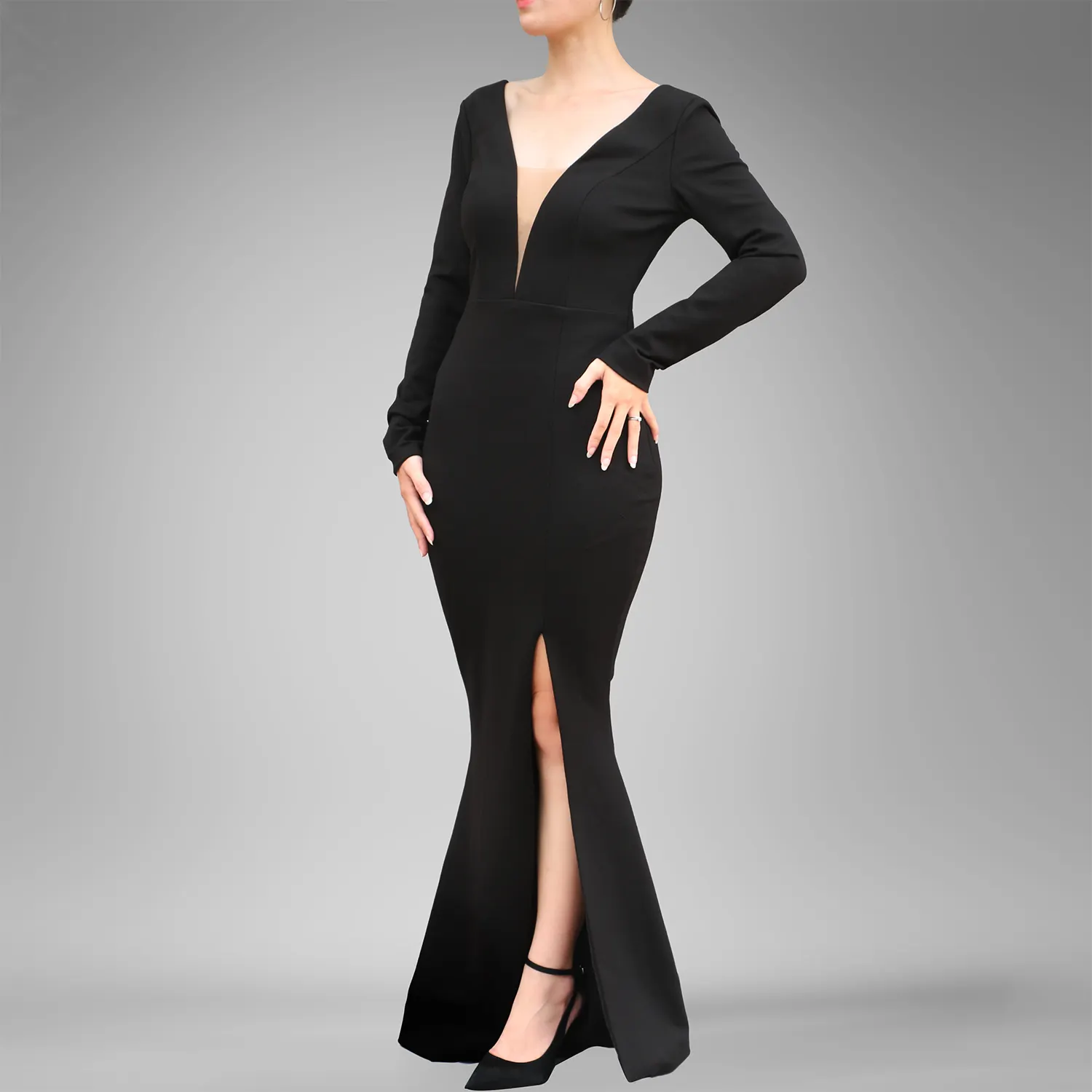 New Design Fashion Backless Long Sleeve V-Neck Evening Dress Women's Elegant Black High Split MAXI Dress