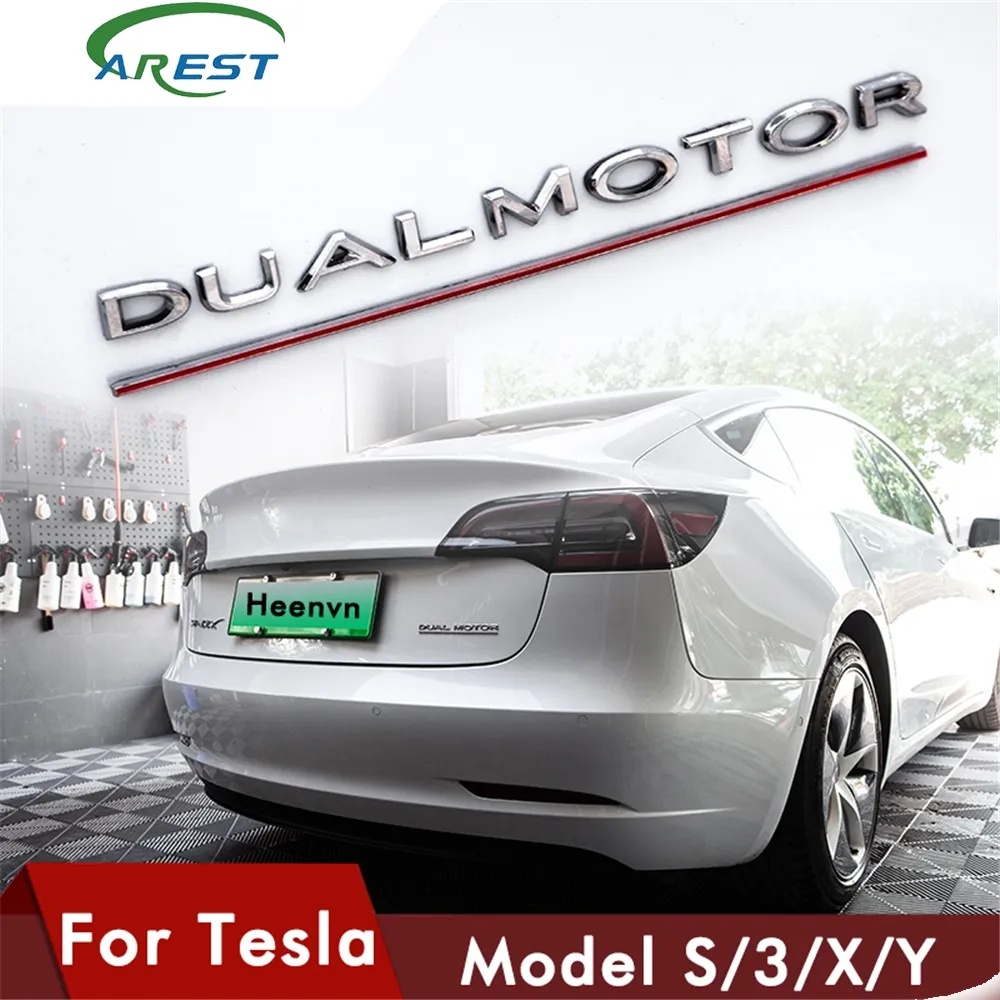 Carest Stiker Mobil Lencana Huruf, Aksesori Emblem Underlined MOTOR Ganda untuk Tesla Model 3 S X Y Performa Tinggi Krom