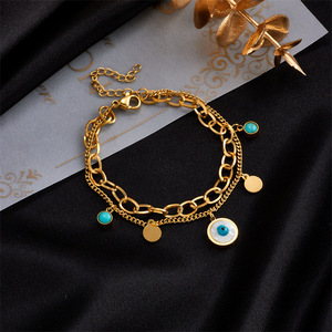 European American Style Double Layer Gold Bracelet With Blue Eye And Turquoise Charms Unisex Gift Jewelry - Product Image 2