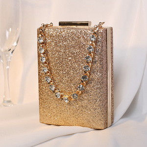 Cross-border New Dinner Bag Rhinestone Chain Portable Crossbody Small Square Women's <b>Clutch</b> Bag Satin Celebrity Tanjing - Product Image 2