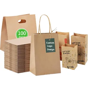 Пользовательские печатные оптовые сумки для покупок из крафт-бумаги, упаковка с ручкой, переработанные материалы, бумажные пакеты с вашим собственным логотипом