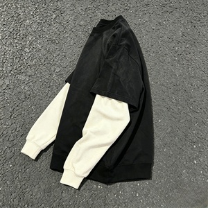 Men's Black Crew Neck T-Shirt With Cream Long Sleeve <b>Layer</b> Casual Knitted Solid Color <b>Top</b> - Product Image 2