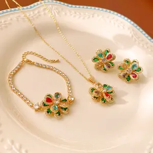New Fashion Real Gold Plated Colorful Cubic Zircon Flower Necklace Bracelet Earrings Set Luxury Crystal Jewelry Set for Women