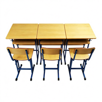 Ensemble de bureau et chaise d'école 3 places, bureau d'élève avec tiroir de rangement, structure métallique, plateau en bois, mobilier scolaire