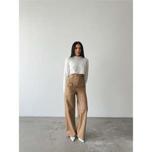 Pantalon palazzo en cuir taille haute pour femme, respirant, taille élastique - Beige, manches longues, tailles XS et XL disponibles - Product Image 6