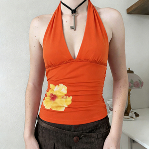 เสื้อครอปเปิดหลังพิมพ์ลายดอกไม้สไตล์สาวฮอต คอวี ทรงเข้ารูป แบรนด์ Ins Summer Island - Product Image 4