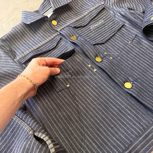Custom Designer Button up Boxy <b>Cropped</b> <b>Denim</b> Jeans <b>Jackets</b> for Men Oversized Heavyweight 14oz Stripe Selvedge <b>Denim</b> <b>Jacket</b> - Product Image 2