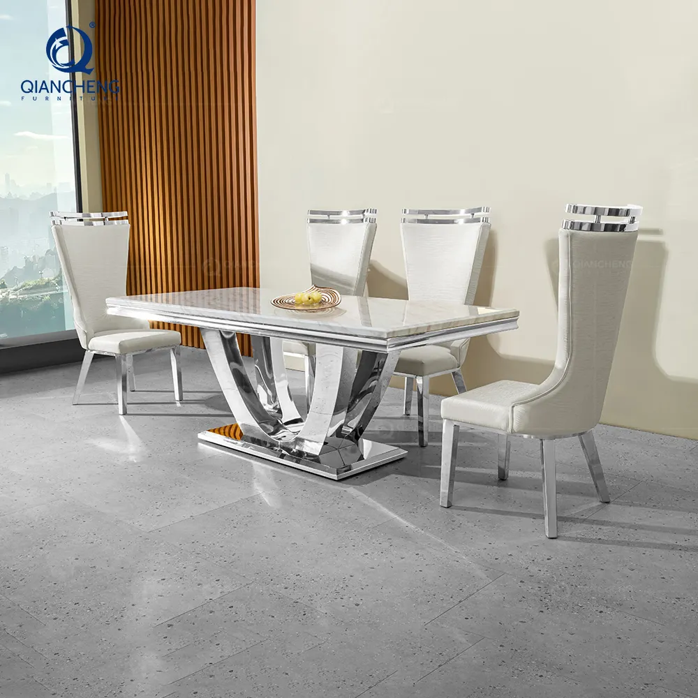 QIANCHENG oturma odası mobilya aynalı paslanmaz çelik pedastal manmade doğal mermer yemek masaları mesas com 4 cadeiras