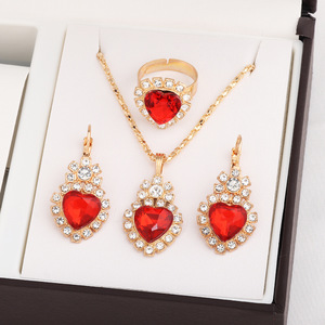 Conjunto de Joyería en Forma de Corazón, Collar, Aretes y Anillo de Aleación de Zinc con Cristales de Estrás, Joyería de Moda para Mujer para Fiestas - Product Image 4