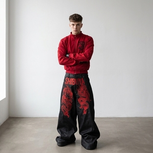 Jeans Vintage Y2K Hip Hop in <span class=keywords><strong>Denim</strong></span> Grezzo Ricamato con Dragone, Reversibile, Stile Industriale Estremo, Colore Originale, per l'Inverno, Ispirazione Asia Orientale - Product Image 1