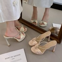 Mules à plateforme en satin avec nœud en strass, talon aiguille, bout ouvert, couleur nude, logo personnalisé, chaussures de mariage et de soirée, OEM ODM, vente en gros