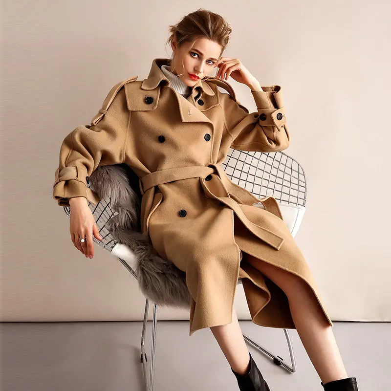 Women's Trench coat Wool Epaulettes Double breasted Reversible Khaki Cashmere Coat