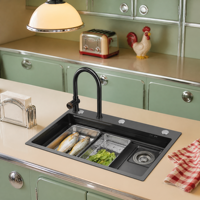 Évier de cuisine contemporain multifonctionnel en acier inoxydable 304, avec revêtement nano PVD, cascade, résistant aux rayures et à l'huile, à cuve unique