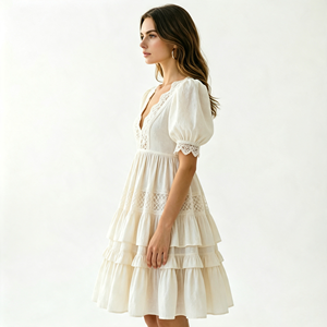Robe midi élégante en dentelle à volants avec manches bouffantes et décolleté en V profond, style vintage français, robe de soirée en coton d'été pour femmes - Product Image 2
