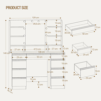 Coiffeuse moderne en MDF avec éclairage LED, 1 grand et 8 petits tiroirs, luminosité réglable, grand miroir HD et 9 compartiments de rangement ouverts