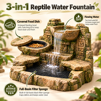Antike Ruinen Reptilien-Wasserbrunnen mit abgedeckter Futterschale, 2-stufiges Terrarium-Wasserfall-Harz-Habitat für Gecko und Eidechse