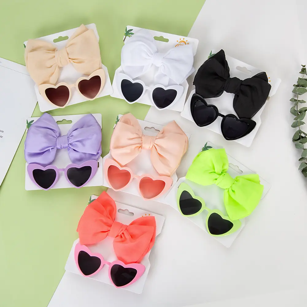 New Children's Headwear Set Europe and the United States Baby Color Satin Bow Hair with Love Shaped Sunglasses Set Headbands
