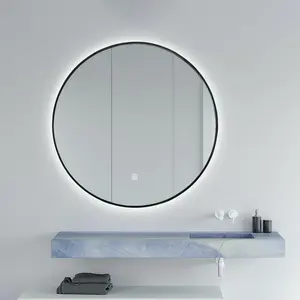 Hotel Wall Hanging Led Light Backlit Round Antifog Mirror Matt Black Aluminium Alloy Metal Framed Backlit Bathroom Mirror