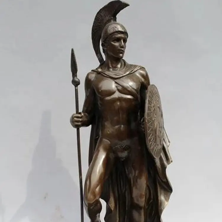 Soldado de jardín al aire libre deco, escultura de bronce de gran tamaño de estilo occidental, Guerrero con lanza y estatua de escudo