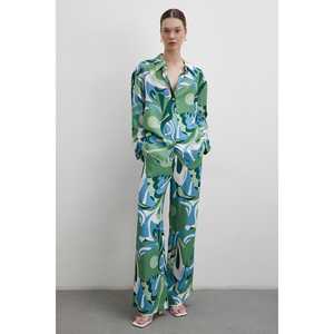 กางเกงขายาวลายสีเขียว ผ้าซาติน เอวกลาง ระบายอากาศได้ดี สำหรับผู้หญิง - Product Image 3