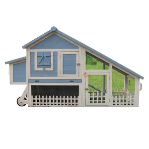 White Blue Wooden Chicken Coop with Wheels & Handles