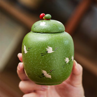 Boîte à thé en céramique verte avec motif grue blanche peinte à la main, petit pot de rangement hermétique avec couvercle perlé