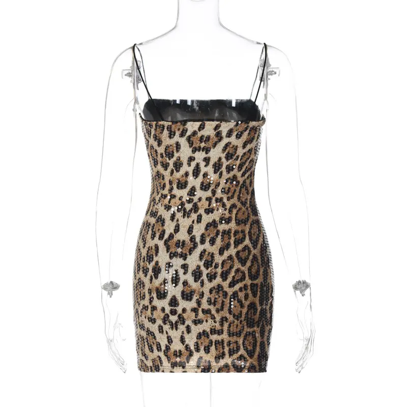 Bodycon feminino com estampa de leopardo mini modesto lantejoulas moda clube para festas 2024