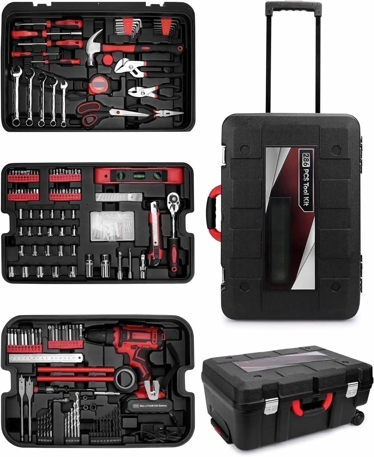 21V Max Taladro eléctrico inalámbrico 286 PCS Kit de herramientas de reparación de automóviles para el hogar con caja de herramientas rodantes